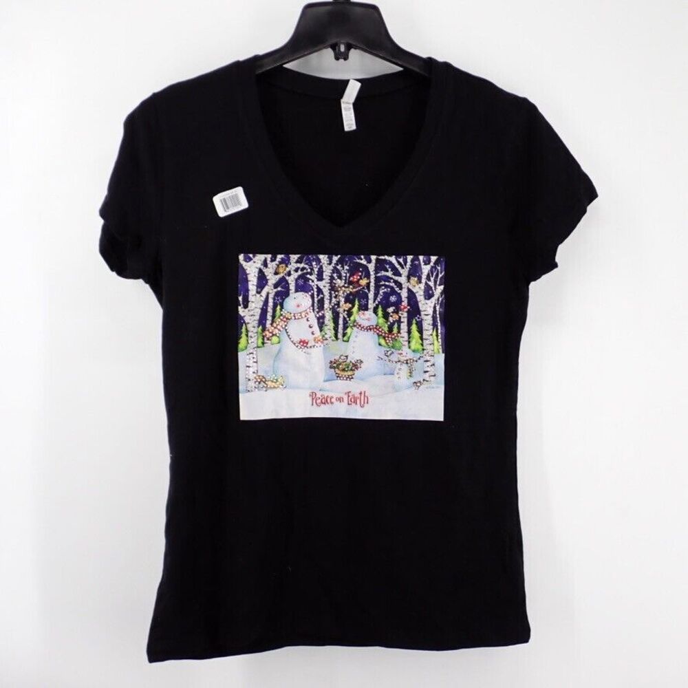 Reserved Women's Size 2X Black Graphic T-Shirt Snowman Peace on Earth S/S NWT